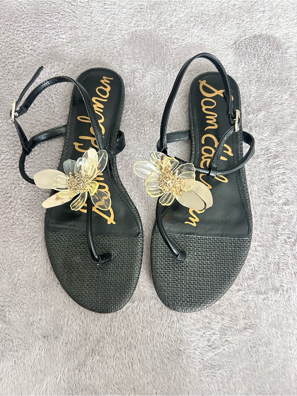 Sam Edelman Black Floral Thong Sandals with Gold Flower Detail